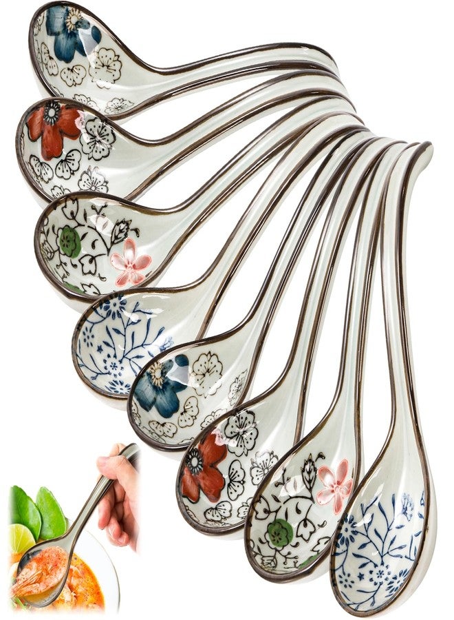 Cididu 8 Pcs Asian Ceramic Soup Spoons, Japanese Ramen Spoon with Long Curved Handle, Chinese Soup Spoon, Porcelain Tablespoon, Kitchen Serving Spoon for Miso, Noodles, Cereal, Wonton, Dumpling Rice - Image 1